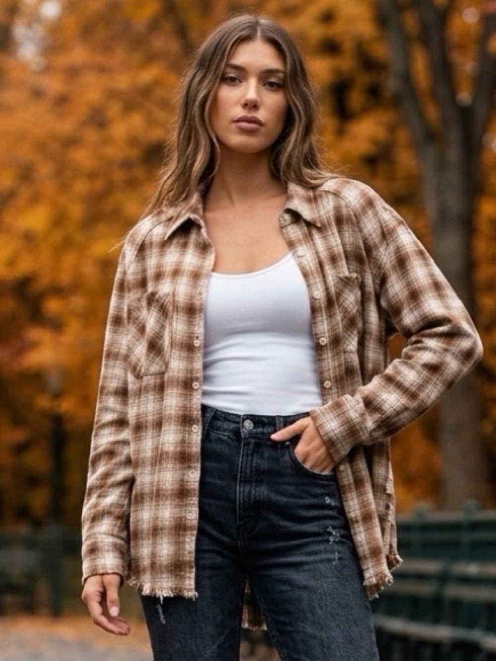 BDG Urban Outfitters Plaid Raw Hem Button Down Shirt Brown Cream S-P